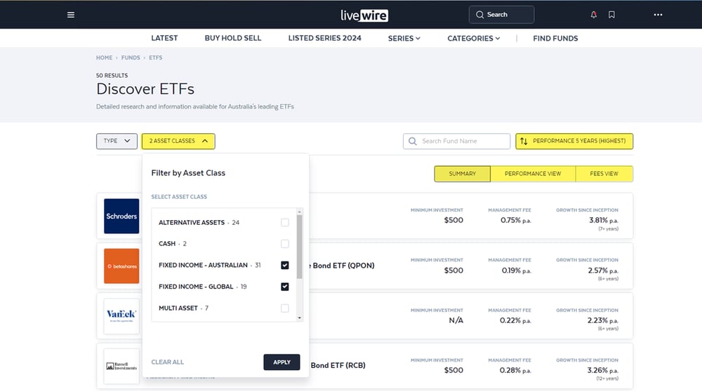 Livewire Fund Funds page functionality