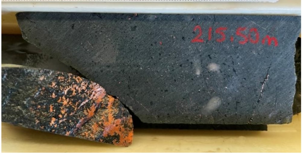 Visible copper mineralisation at over 200m depth as contained within a diamond drillhole core (Source: Norfolk Metals)