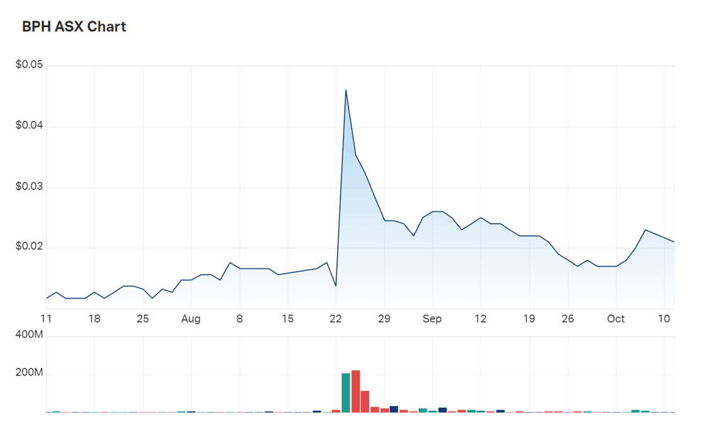 A look at BPH's three month charts. Curiously, that large spike in mid-late August is when the company announced it would sue the government. Today's slight sell off is likely due to dilution by way of issuing new shares. 