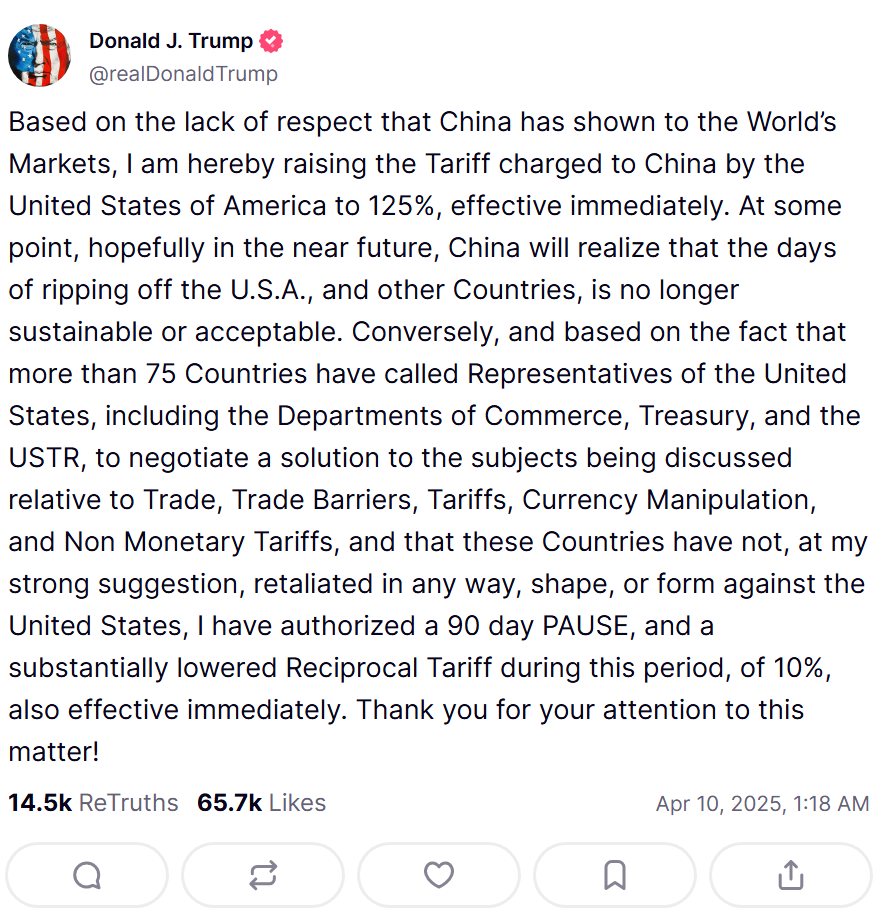 Trump reciprocal tariff policy change announcement via Truth Social Source Truth Social