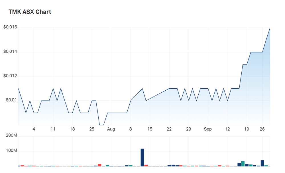 TMK Energy's three month charts. The blocky appearance comes from a relatively low trading volume 