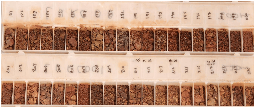 Rockchip samples collected from material extracted from the RC drillhole LURC001 targeting the Luni prospect. Management says visual observation of hematite alteration from 181-220m gives early evidence supporting possible IOCG mineralisation. 