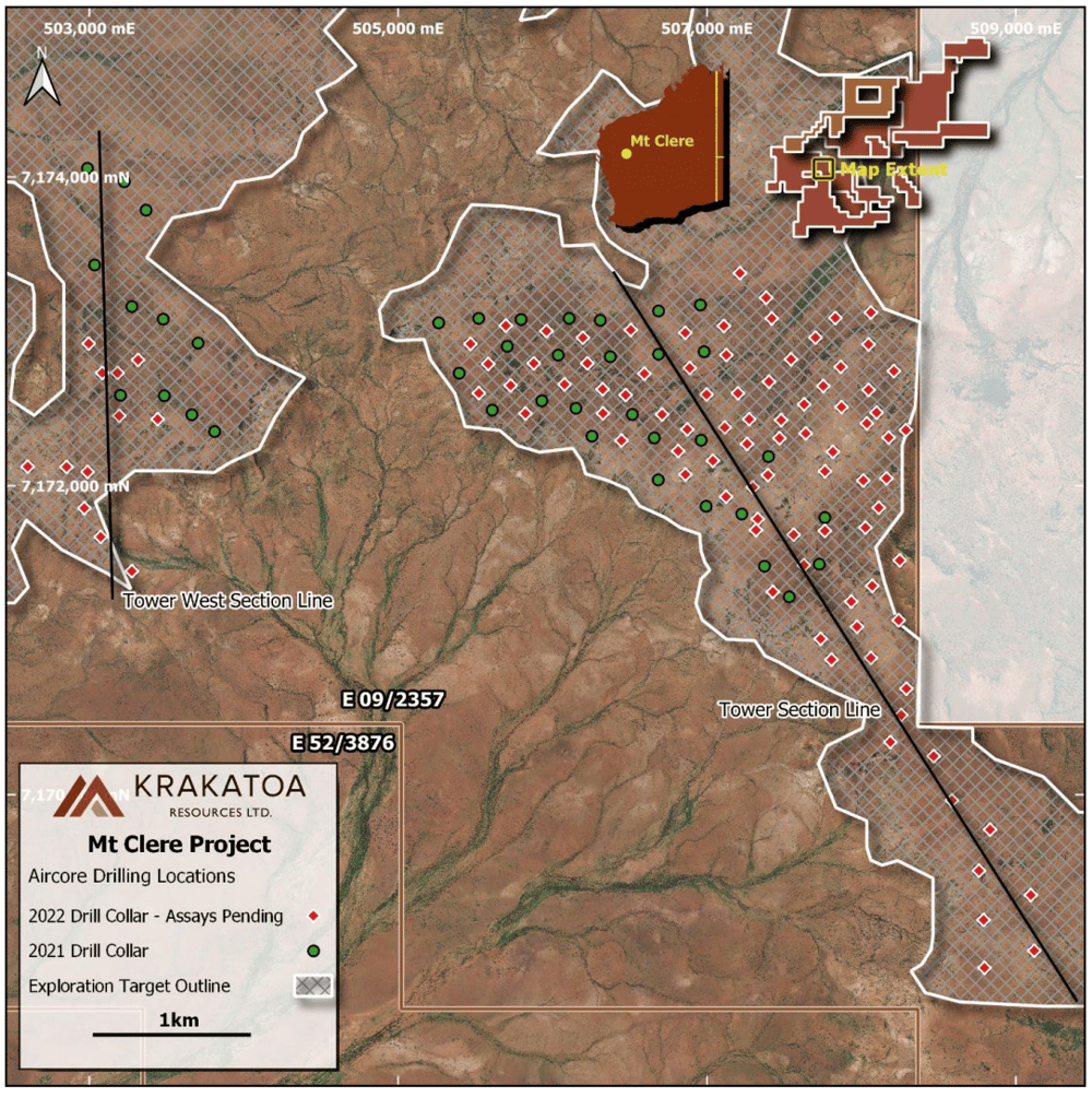 An aerial photograph of the Mt. Clere acreage with overlaying drillhole data. Each red diamond represents a drillhole for which assay data remains pending, meaning investors will see a tranche of data in the next few months—per ALS' guidance on timeframes. 