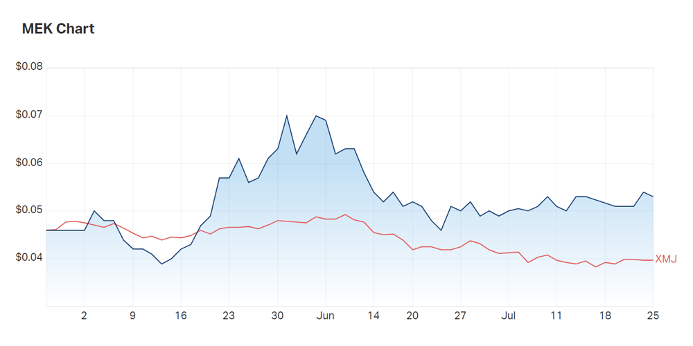 Meeka's three month charts. The company has outperformed the materials index for nearly a whole quarter; year to date performance is up over 29%