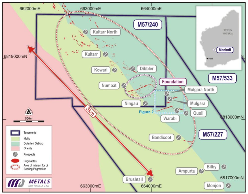 A map locating the foundation pegmatite area on-site Manindi