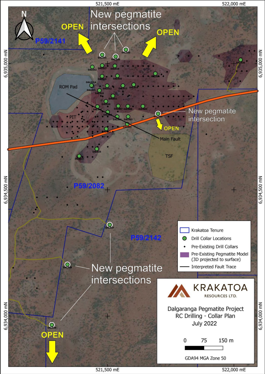 An aerial map showing just how expansive Dalgaranga's pegmatite system has been proven to be 
