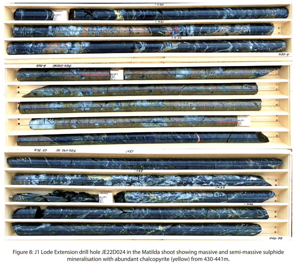 A look at cores retrieved from the diamond drill rig on-site at Jericho. The handsome cores show clearly visible sulphide mineralisation 