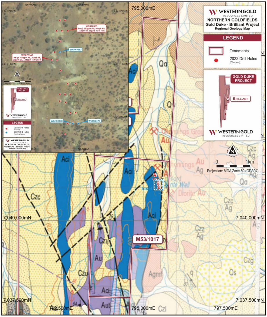 (Source: Western Gold) A map locating the company's most recently completed RC targets 
