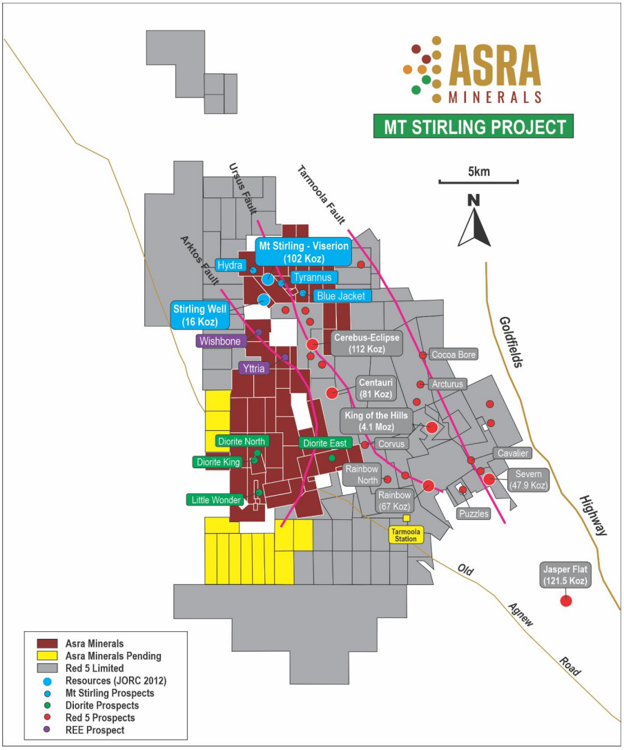 (Source: Asra Minerals) A map outlining the location of the Stirling target relative to Red 5's operations 