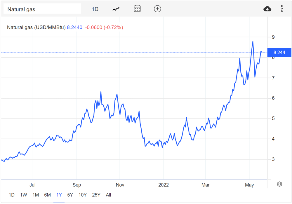 (Source: TradingEconomics) The movement of the Henry Hub US gas price over the last year 