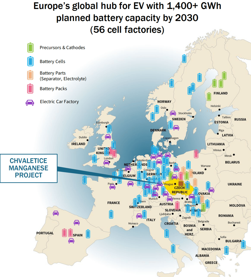 A map showing the location of Euro Manganese's Project in proximity to other supply chain entities 