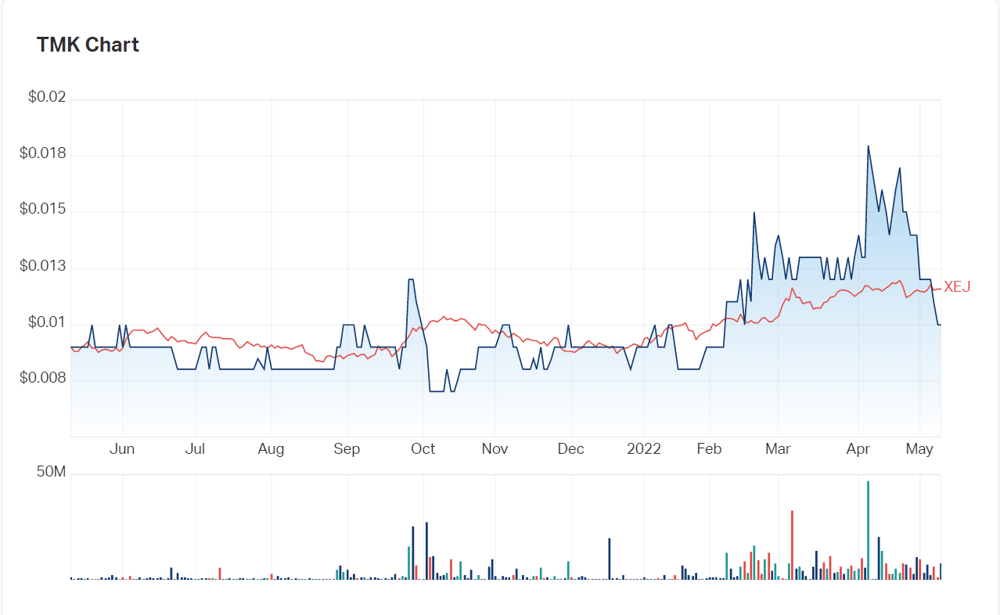 The shape of TMK Energy's charts over the last twelve months compared to the Energy Index