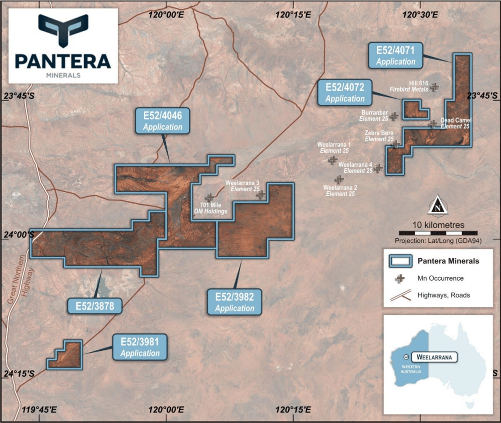 A map showing tenements under application by Pantera Minerals 