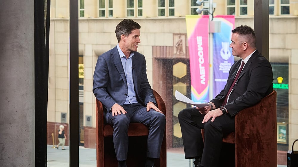 Betashares' Cameron Gleeson being interviewed by Livewire's Chris Conway