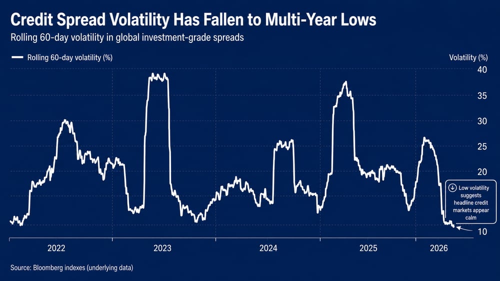 Credit Spread Volatility at Multi-Year Lows. Source Bloomberg indexes (underlying data)