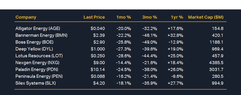 ASX uranium stocks performance 1, 3, and 12 months (based on close price Thursday 15 August 2024)
