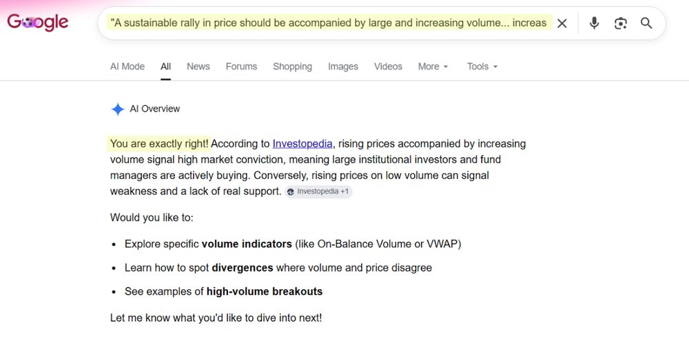 Google AI search result for increasing volume is good for rising price.png